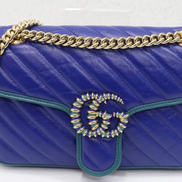 Gucci GG Marmont Small Shoulder Bag Blue Matelassé Leather - Picture 8 of 13